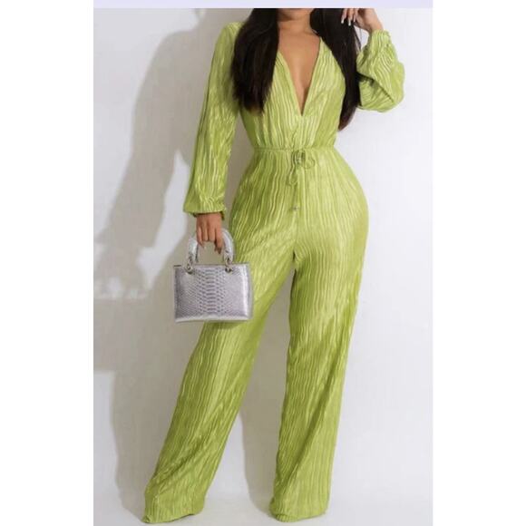 Hers & Mine Jumpsuit, Lime Green V-Neck Long Sleeve Straight Casual, Medium - Picture 4 of 6